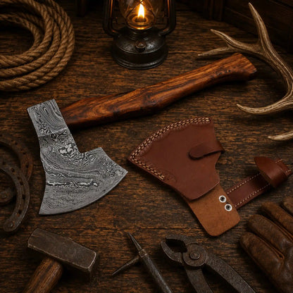 Custom Damascus Axe – Hand Forged Ranch Hatchet with Wood Handle