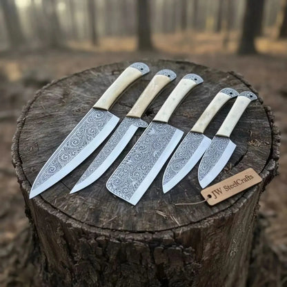 High Carbon Steel Butcher Knife Set – Cleaver, Chef, Slicer, Boning & Utility Knives, Hand Engraved Blades, Bone Handles, Full Tang