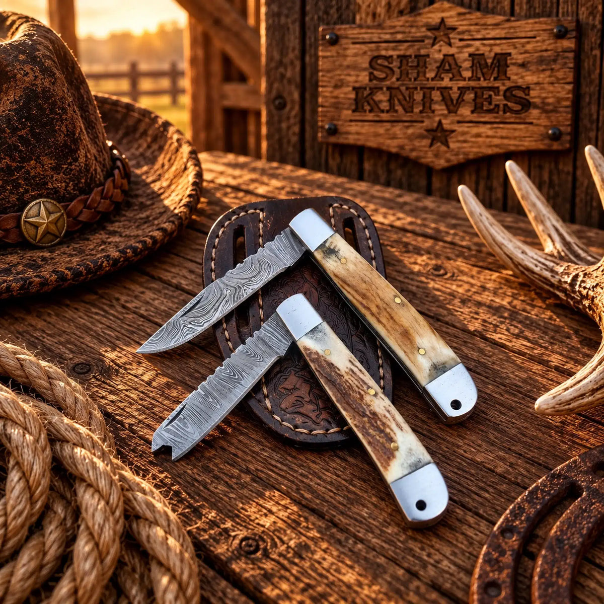 Custom Damascus Trapper Knife Set – Stag Horn & Leather Sheath