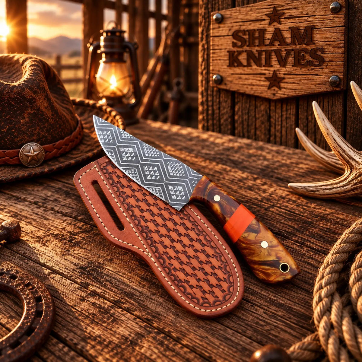 Custom Etched Western Skinning Knife – Resin Handle & Belt Sheath