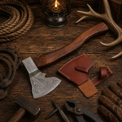 Custom Hand Forged Damascus Tomahawk Axe – Walnut Wood Handle