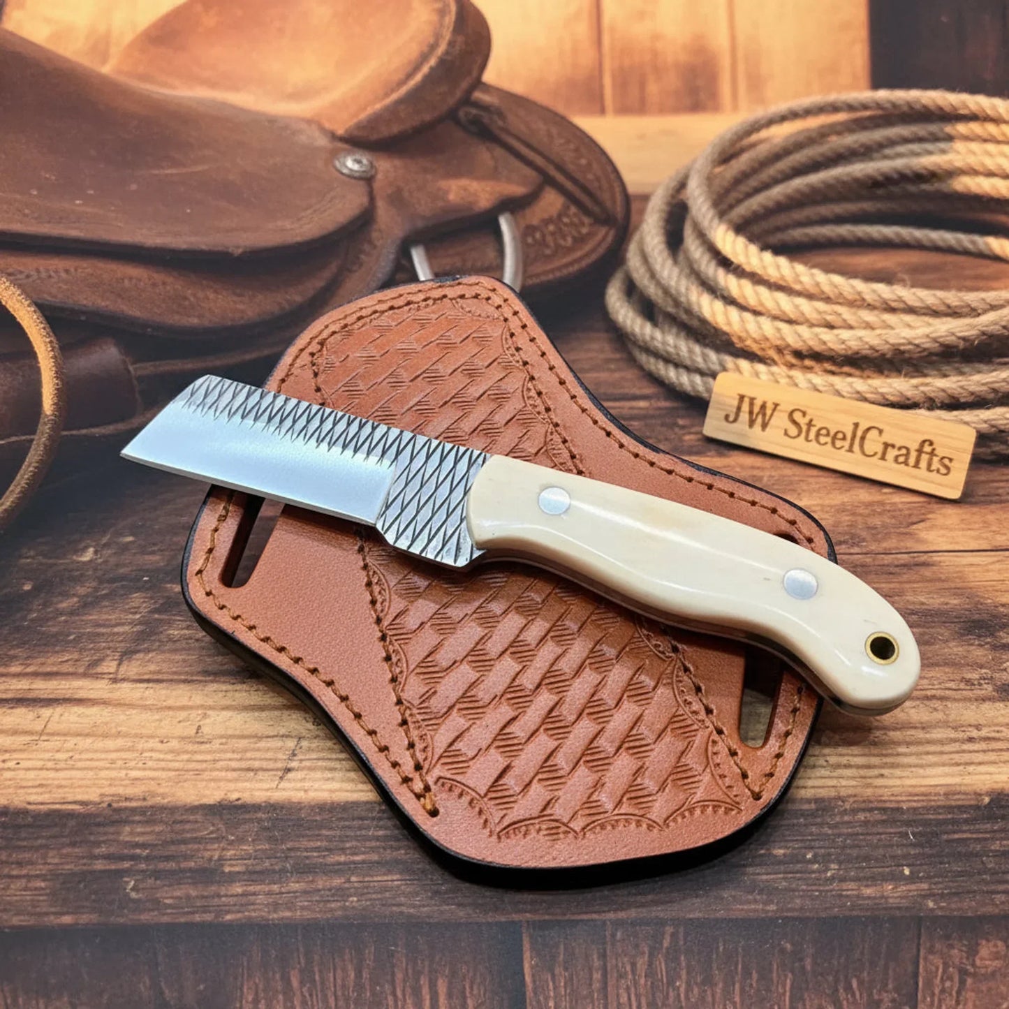 Custom Handmade Cowboy Bull Cutter Knife Rasp Steel Camel Bone Handle Pancake Sheath