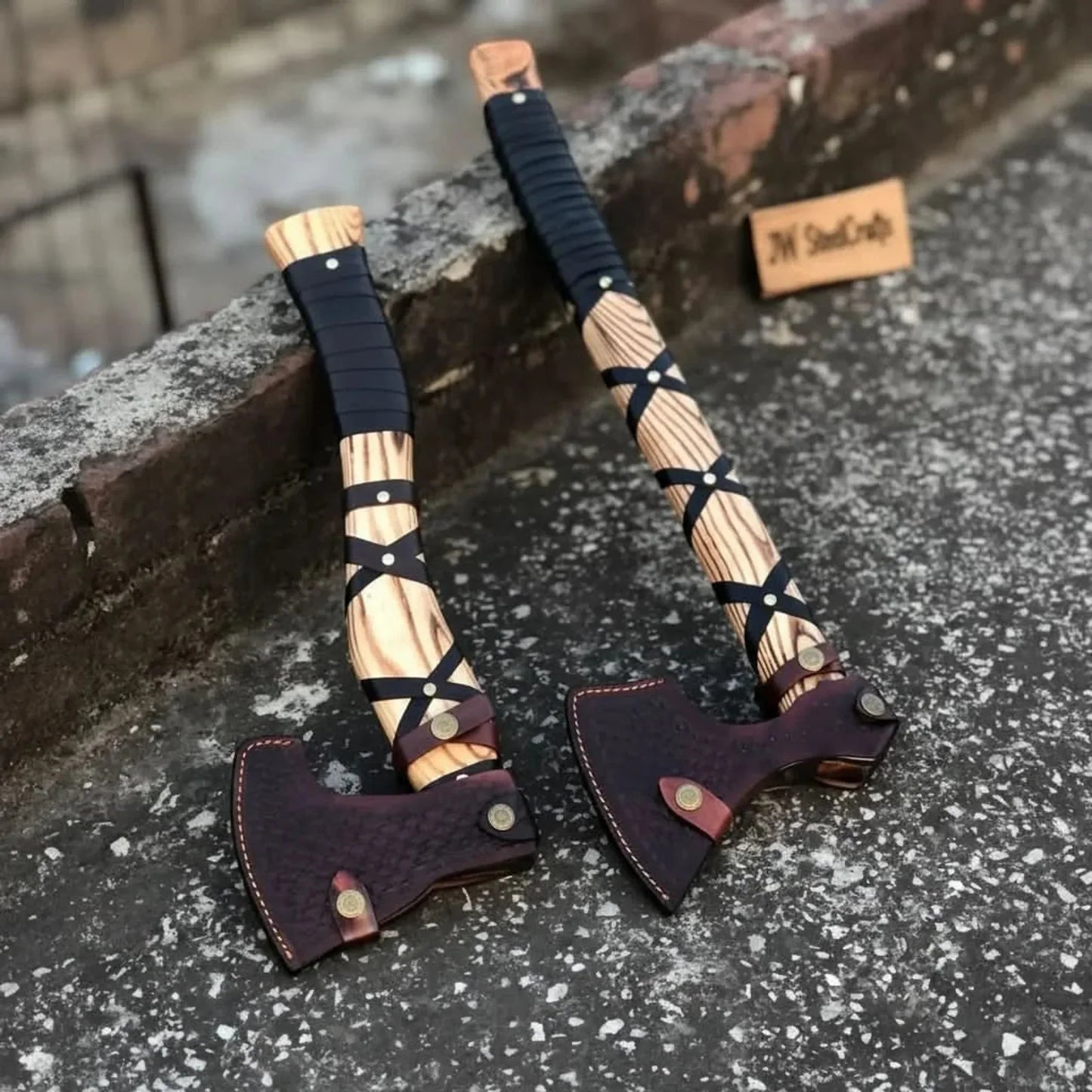 Dual Camping Hatchets Steel Heads Carved Wood Handle Balanced Set