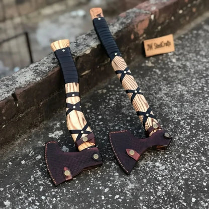 Dual Camping Hatchets Steel Heads Carved Wood Handle Balanced Set