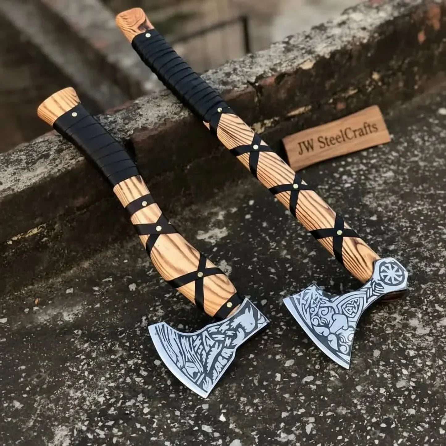 Dual Camping Hatchets Steel Heads Carved Wood Handle Balanced Set