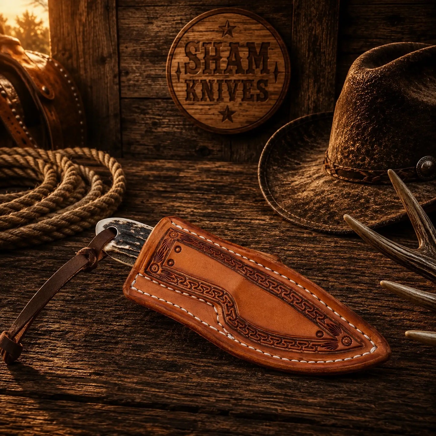 Stag & Turquoise Buckaroo Ranch Knife – D2 Steel & Pancake Sheath