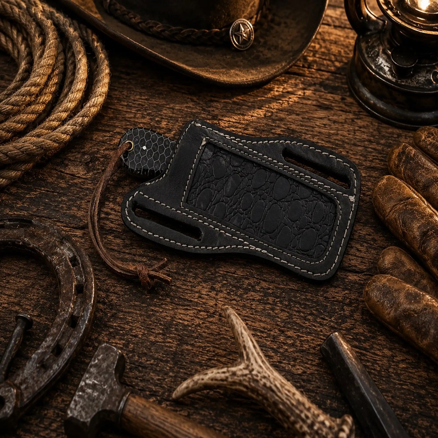 Handmade Bull Cutter Knife – D2 Powder Coated Blade Honeycomb Handle & Front Pancake Leather Sheath