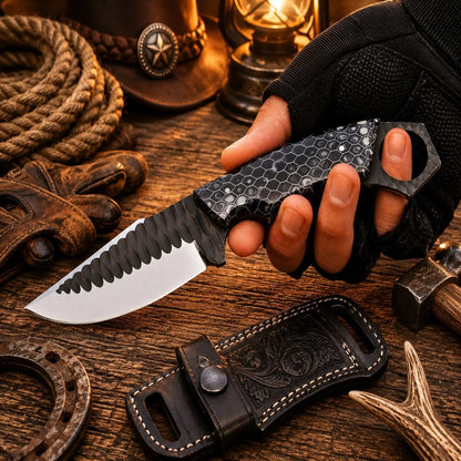 Honeycomb Ranch Hunting Knife – D2 Powder Coated Blade with Horizontal Leather Sheath