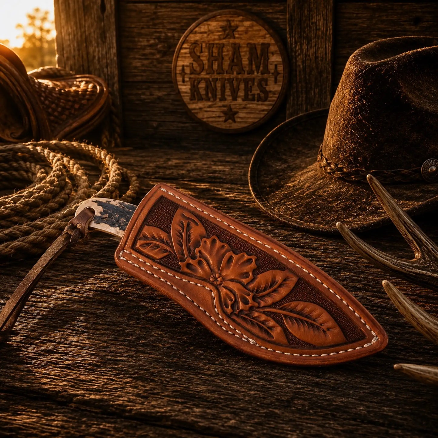 Ranch Buckaroo Knife & Sheath – 3″ D2 Steel, Stag & Turquoise