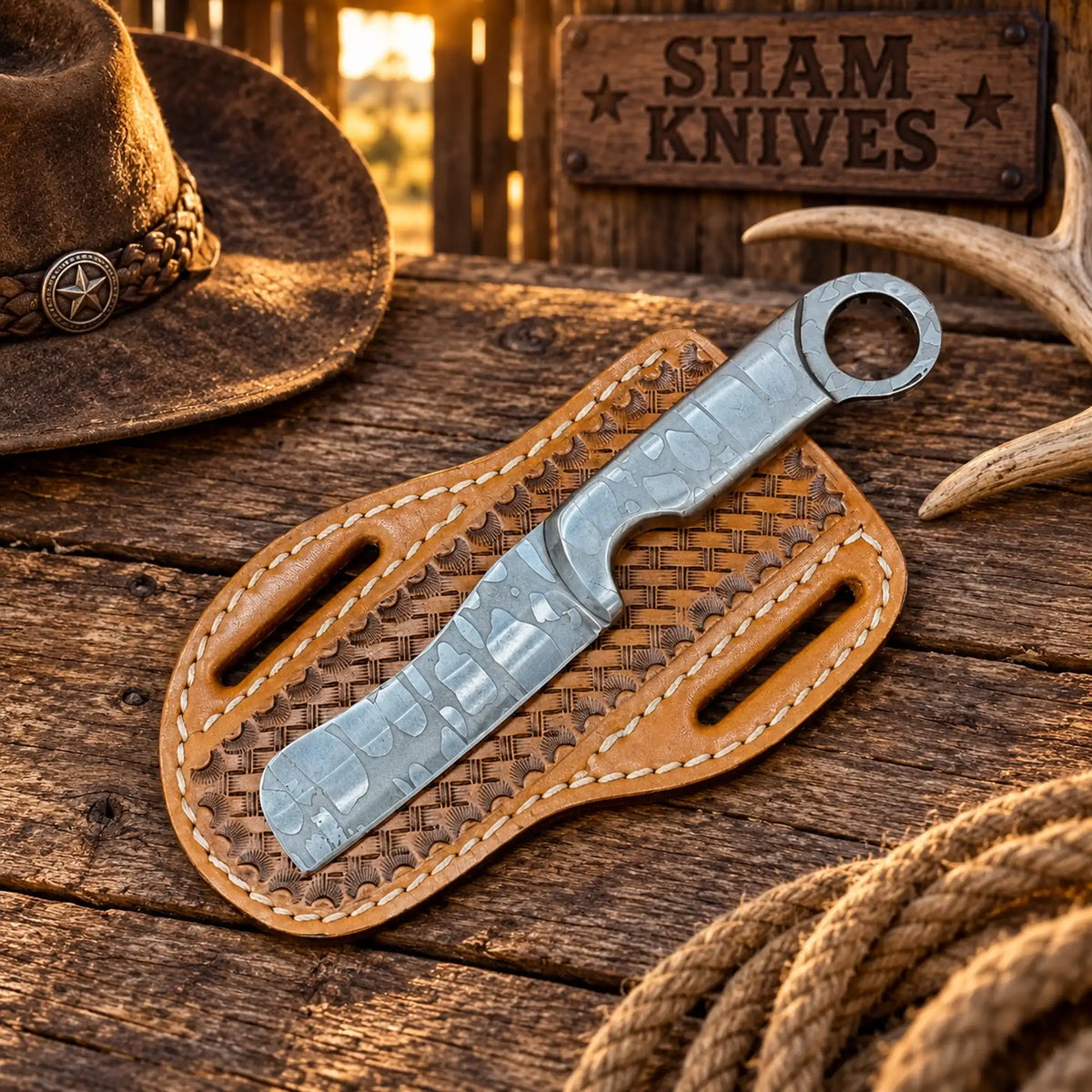 D2 Steel Engraved Ring-Tail Bull Cutter Knife – Cross-Draw Sheath