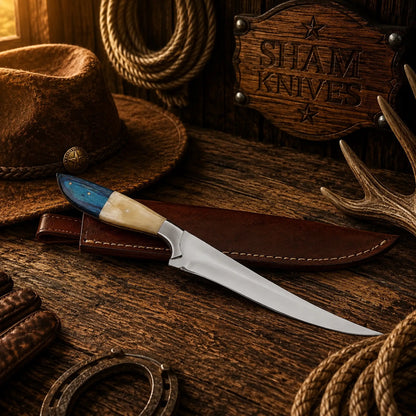 D2 Steel Fillet Knife – Bone & Exotic Wood Handle with Leather Sheath