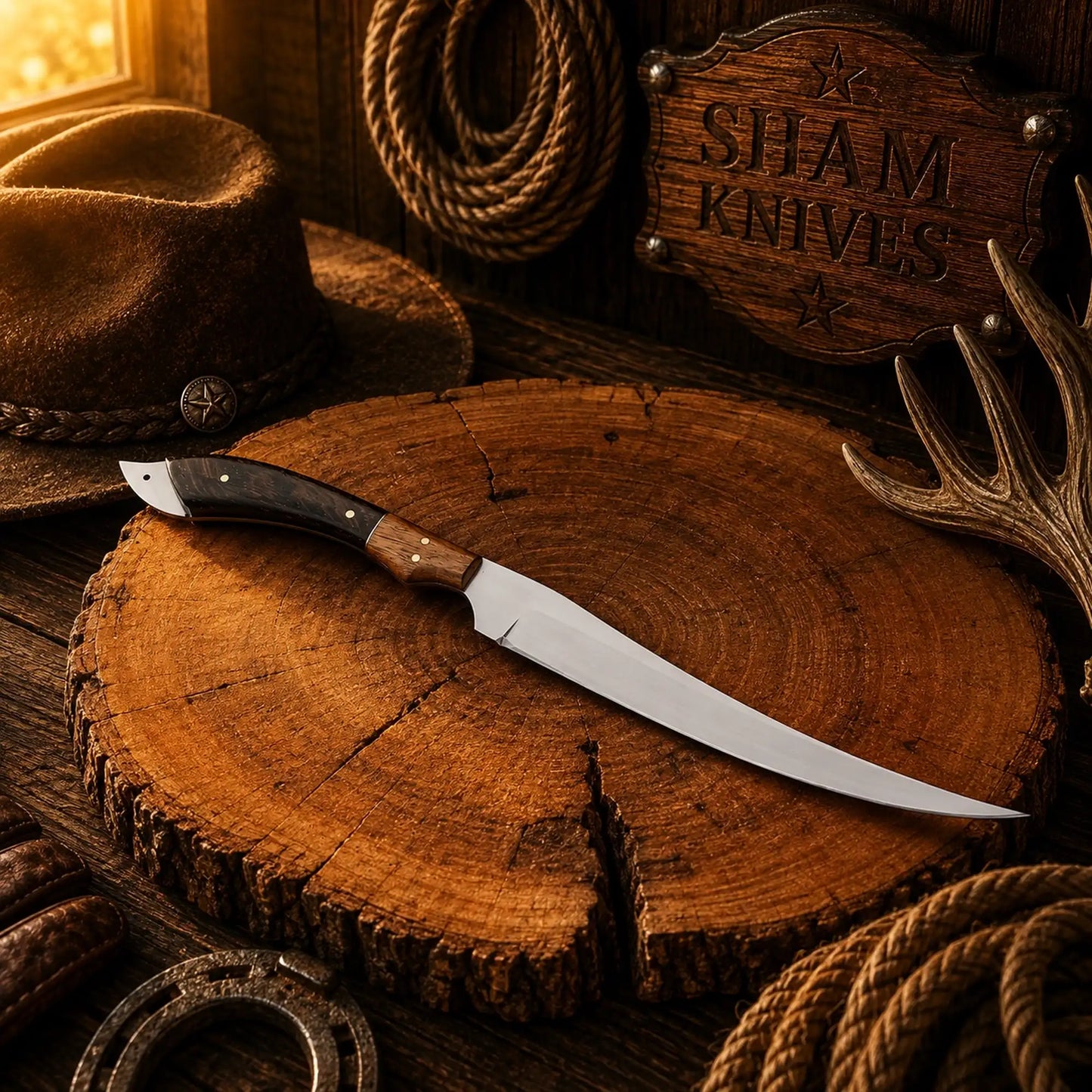 D2 Steel Fillet Knife – Buffalo Horn & Wood Handle with Leather Sheath