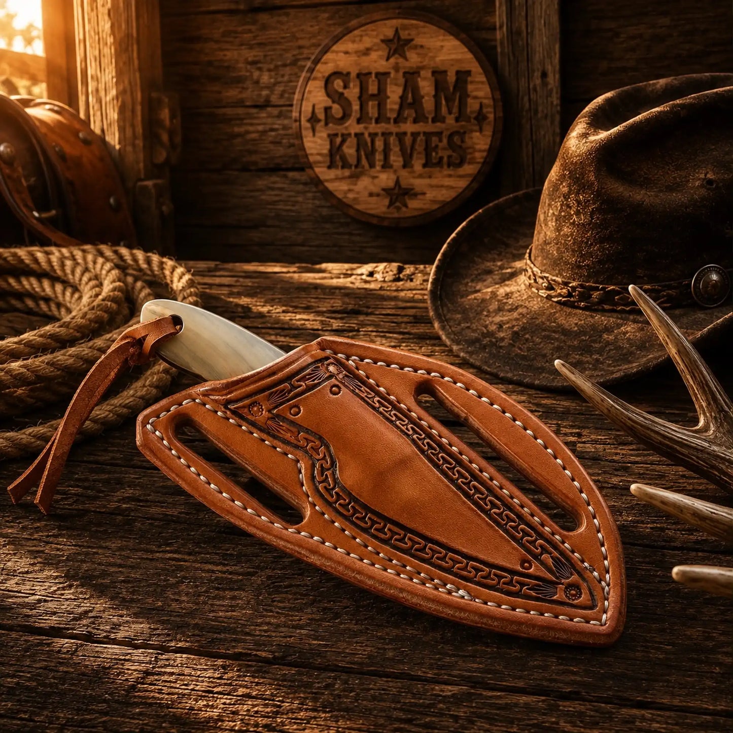 custom Buckaroo Skinning Belt Knife – D2 Steel & Mountain Sheep Horn Handle
