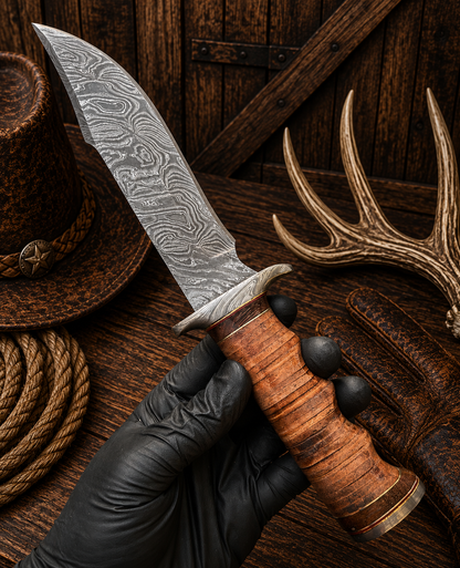 Ironhide Legend Bowie Knife – Damascus Steel & Stacked Leather Handle