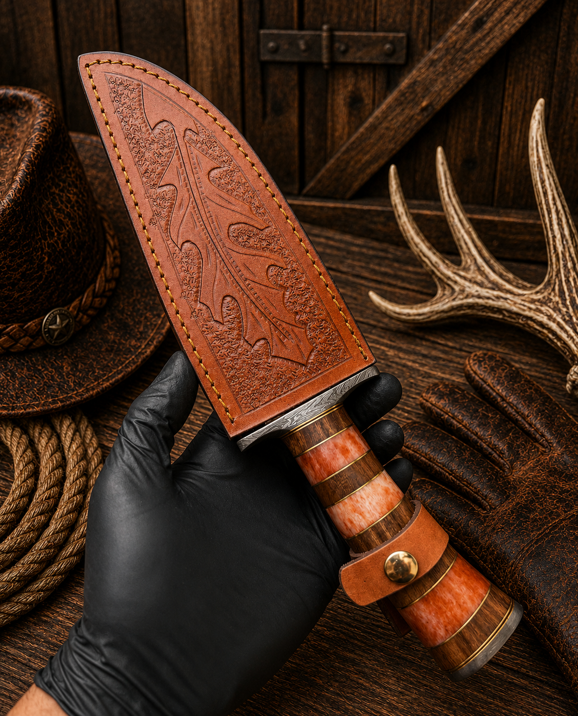 Oakleaf Legend Damascus Bowie Knife – Bone, Wood Handle & Leather Sheath