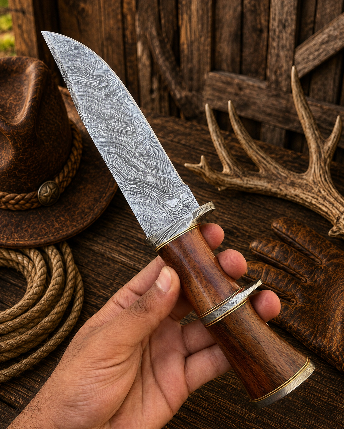 Lionheart Double Guard Bowie – Damascus, Wood, Bone & Sheath