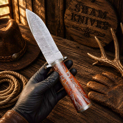 Grim Reaper Damascus Bowie – Skull Camel Bone & Leather Sheath