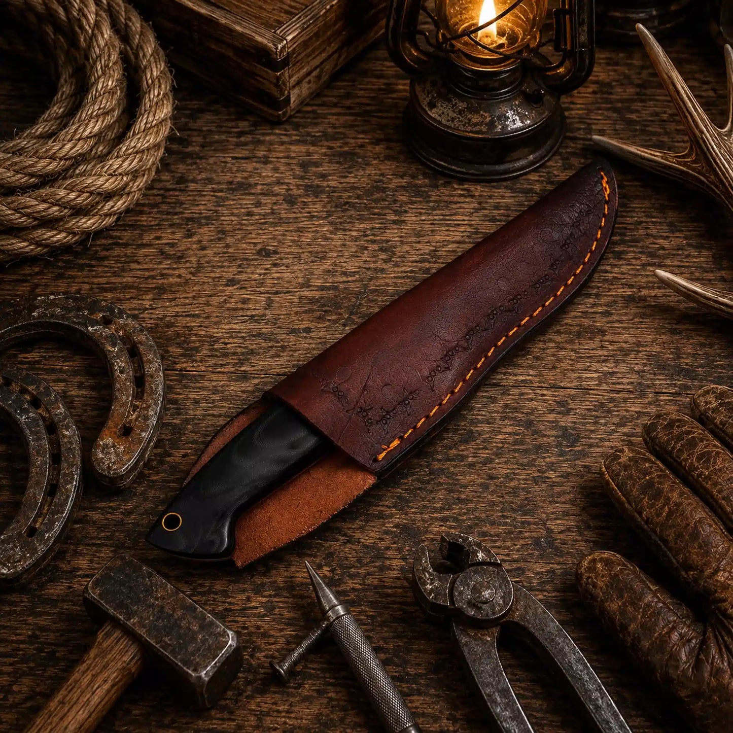 G10 Fixed Blade Outdoor Camping Hunting EDC Knife – Damascus Blade With Leather Sheath