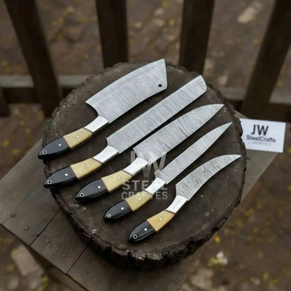 5-Piece Damascus Chef Knife Set – Camel Bone and Black Micarta Handles