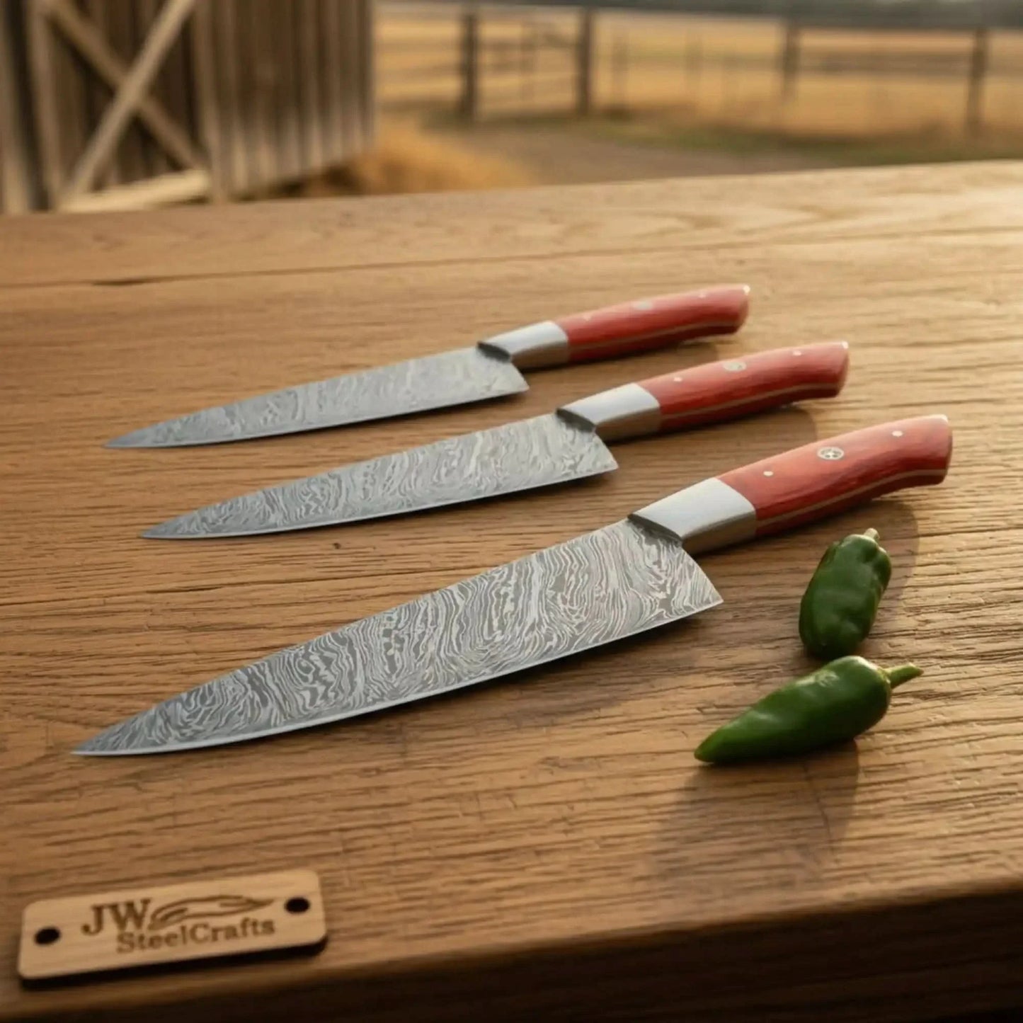 3 Piece Handmade Damascus chef Knife Set Red Pakka Wood Handles