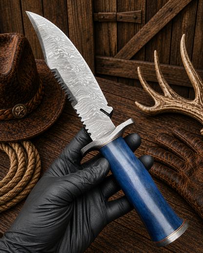 Western Trail Bowie Knife – Damascus, Blue Camel Bone & Sheath