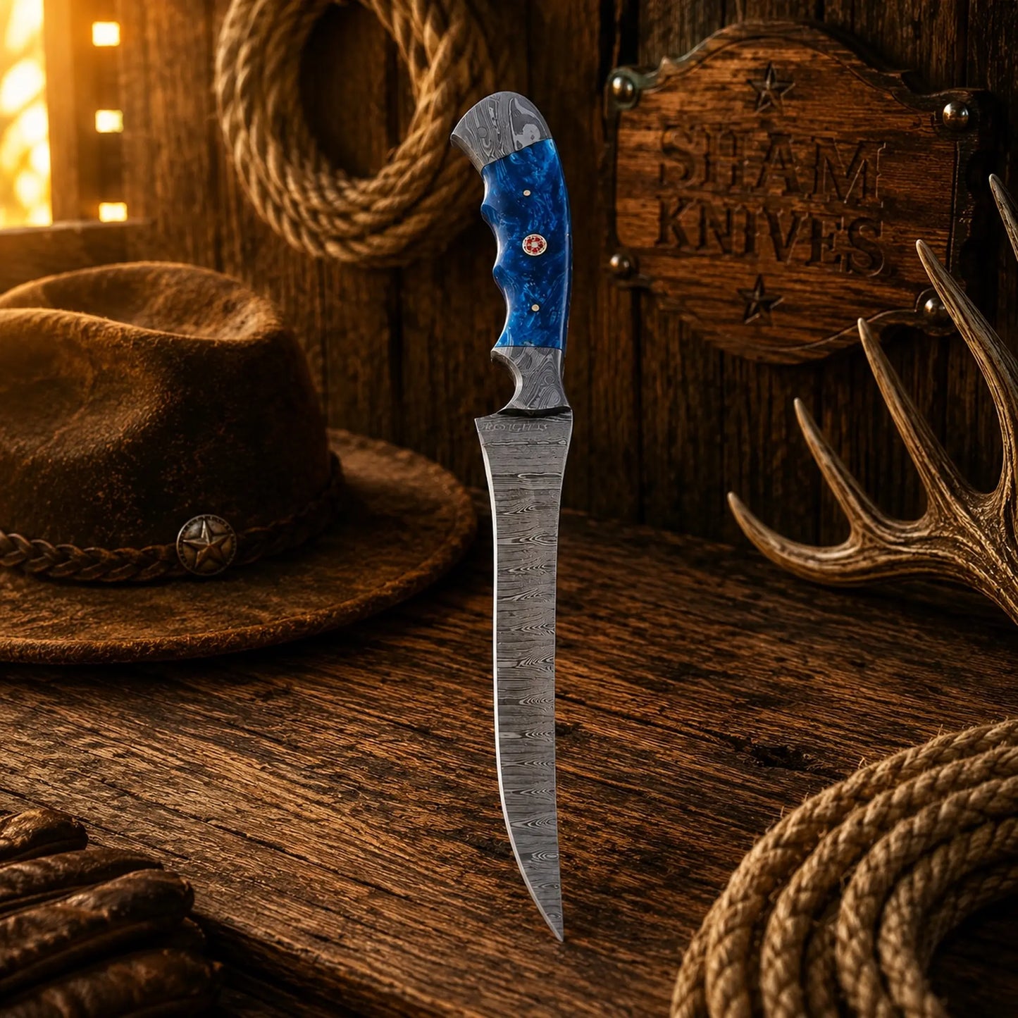 Blue Mesa Damascus Steel Fillet Knife – Resin Handle & Leather Sheath