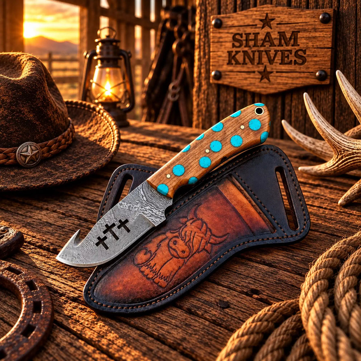 3.5″ Damascus Gut Hook Skinning Knife – Ash Wood & Cross Cutouts