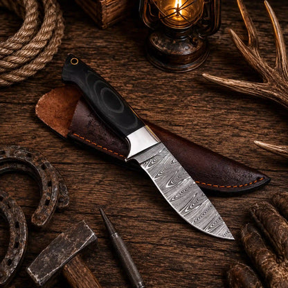 G10 Fixed Blade Outdoor Camping Hunting EDC Knife – Damascus Blade With Leather Sheath