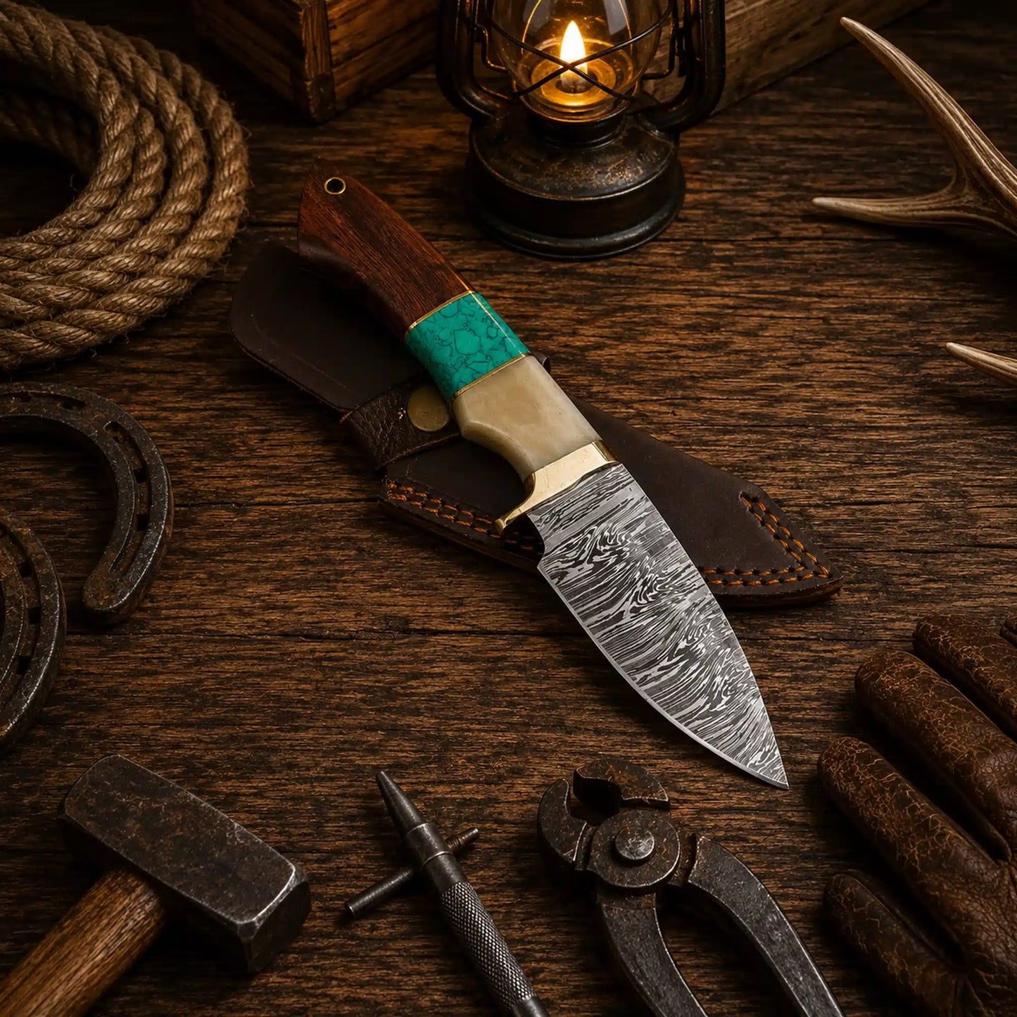 Custom Damascus Hunting Knife – Turquoise & Rosewood Handle