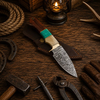 Custom Damascus Hunting Knife – Turquoise & Rosewood Handle