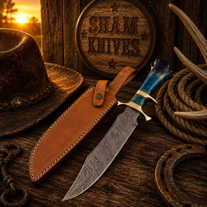 Frontier Legend Bowie Knife – Damascus, Blue Camel Bone & Sheath