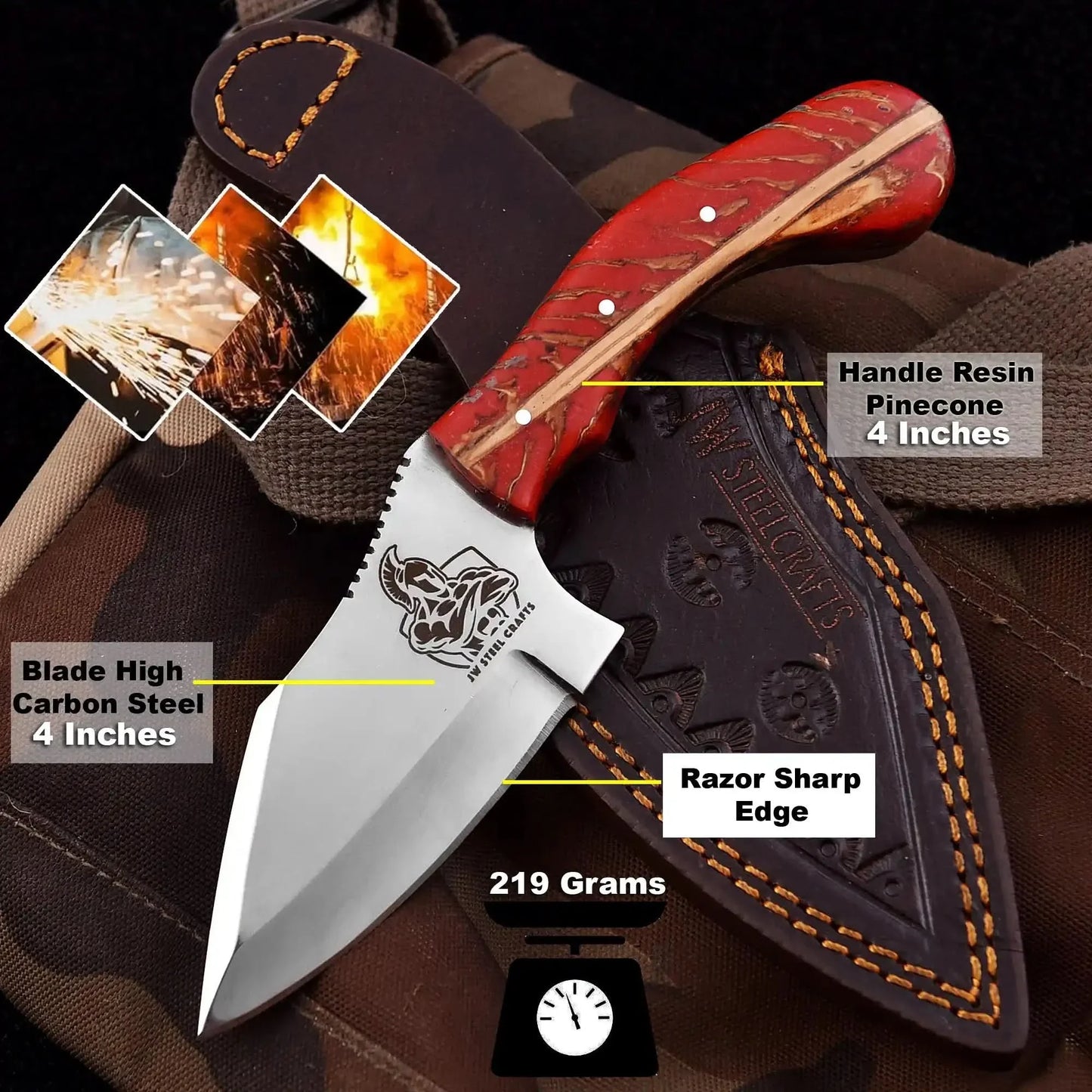 High Carbon Steel Drop Point Hunting Knife — Red Pinecone Resin Handle