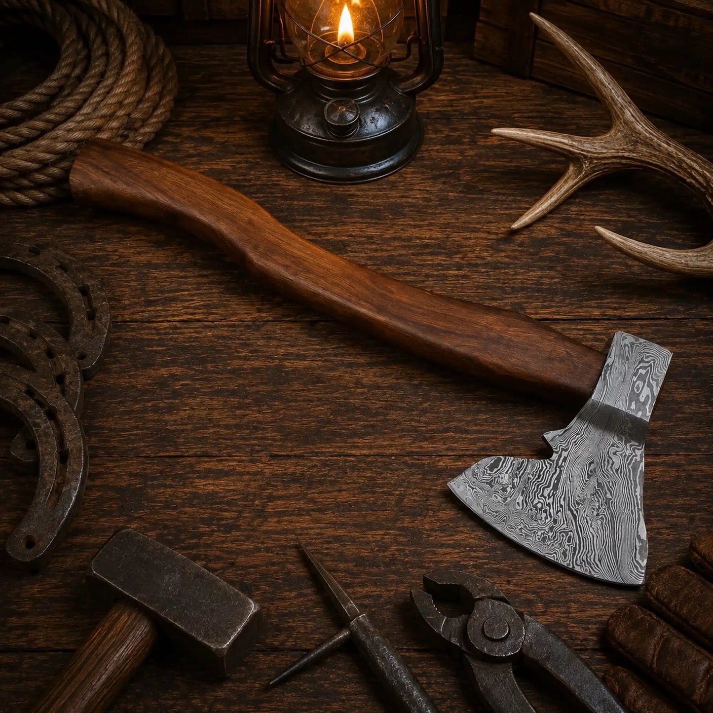 Custom Hand Forged Damascus Tomahawk Axe – Walnut Wood Handle