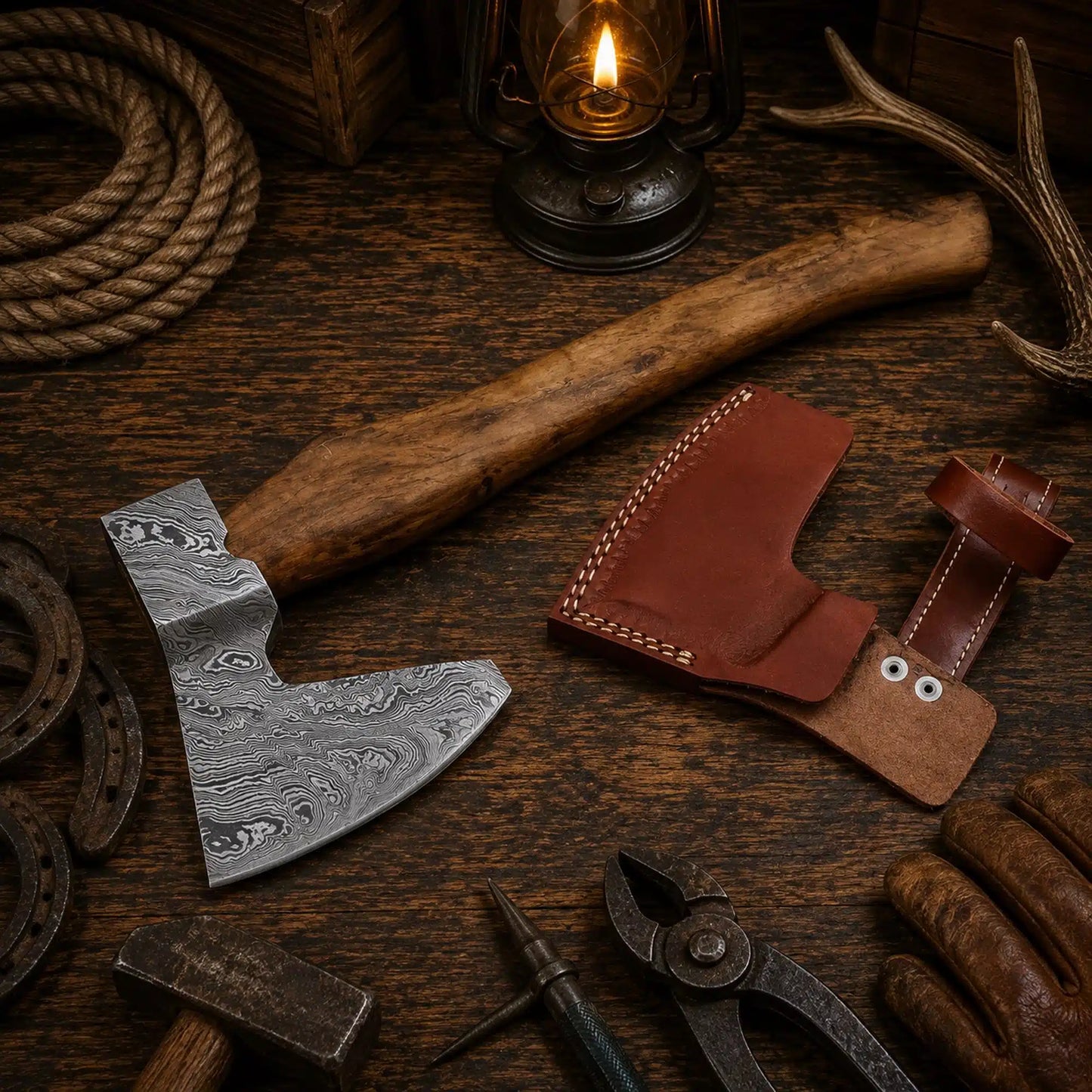 Hand Forged Damascus Tomahawk Hatchet – Natural Wood Handle & Sheath