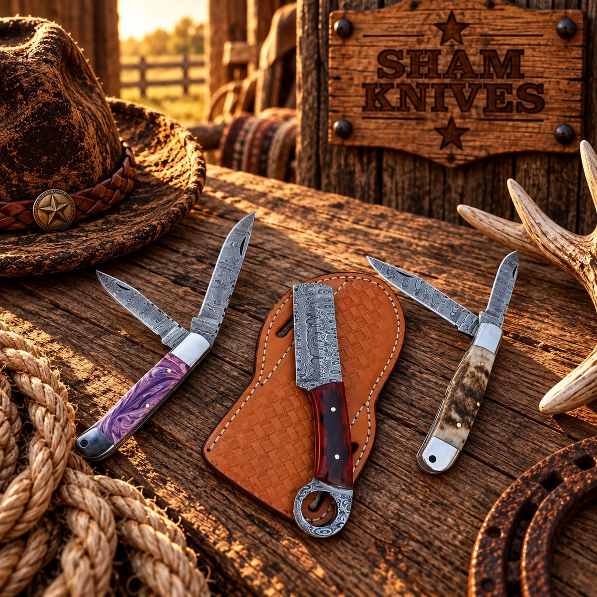 Damascus Trapper & Bull Cutter Knife Set – Resin and Sheep Horn