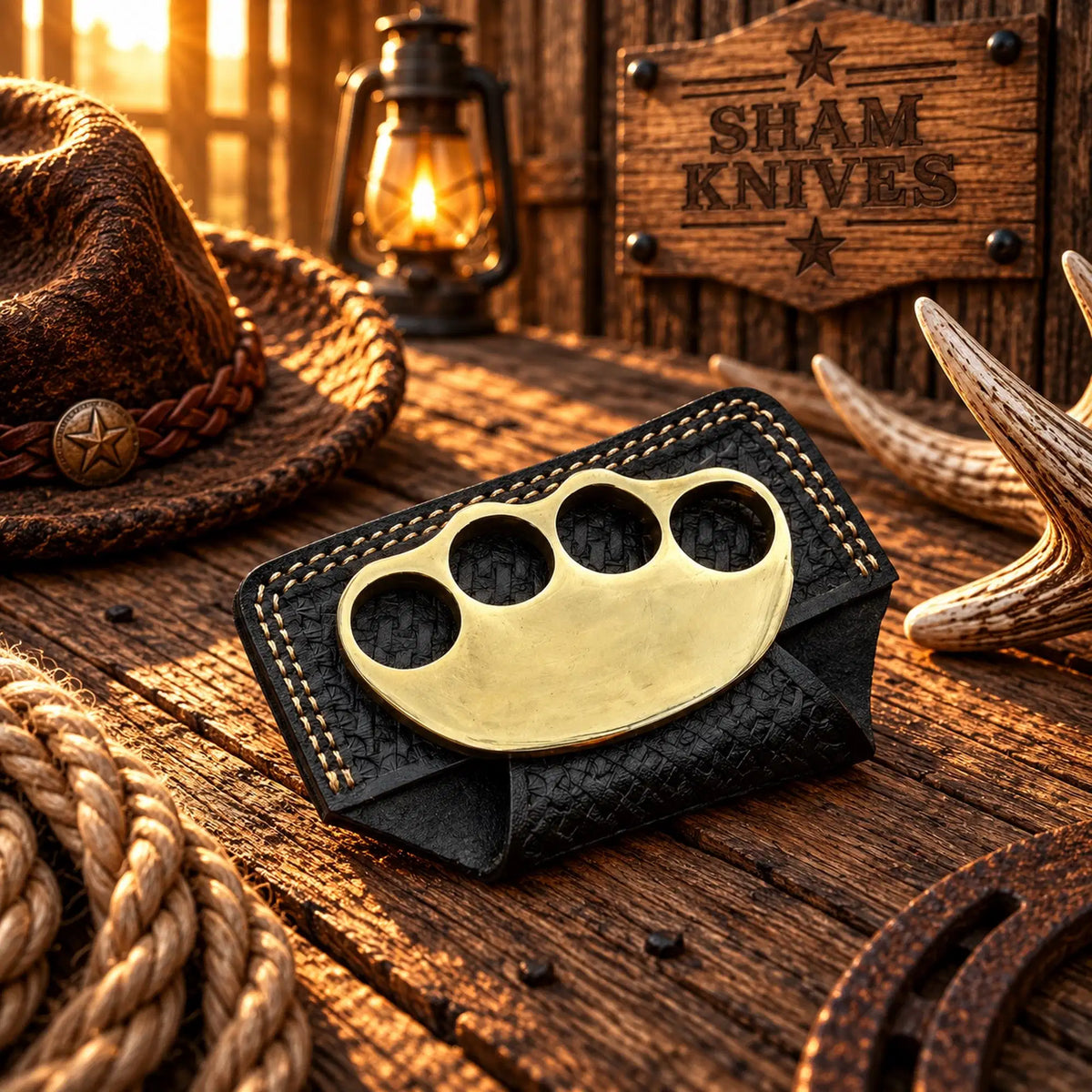 Deadwood Legend Solid Brass Knuckles – Cowboy Display Piece with Leather Sheath