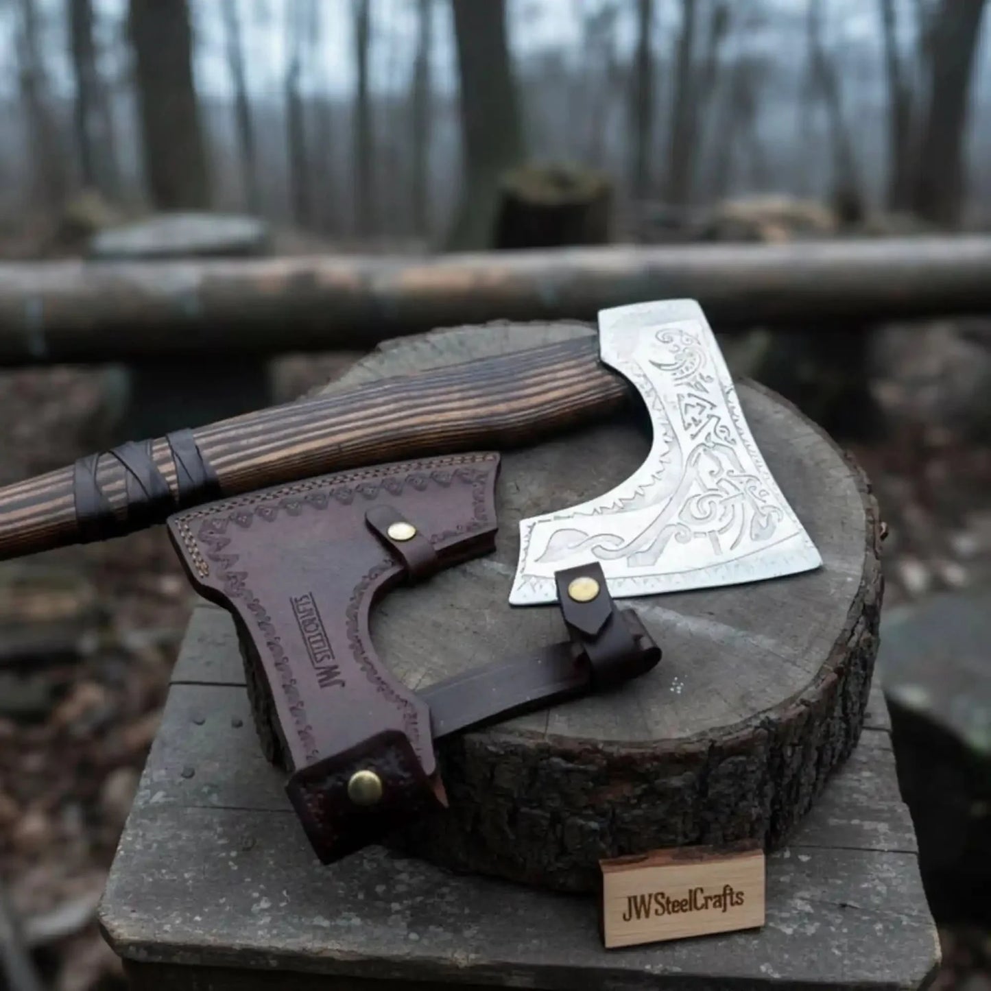 Hand Forged Carbon Steel Viking Axe with Carved Ash Wood Handle and Leather Grip