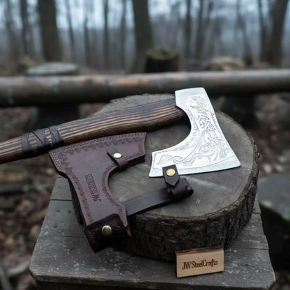 Hand Forged Carbon Steel Viking Axe with Carved Ash Wood Handle and Leather Grip
