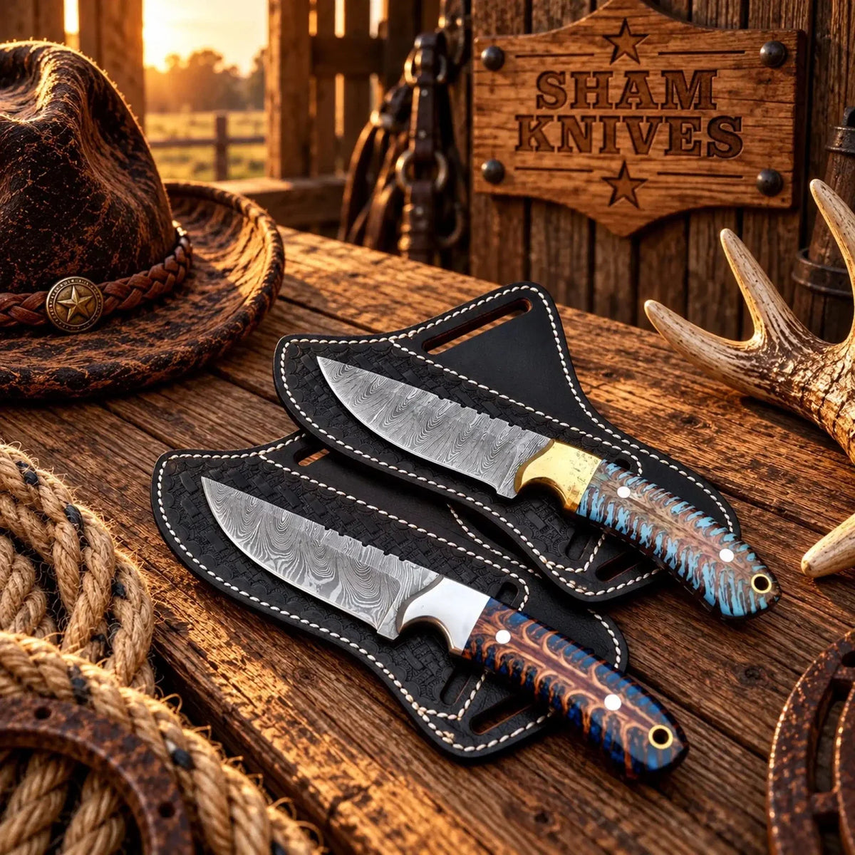Desert Amethyst Cowboy Knife Duo – Damascus & Pine Cone Handles