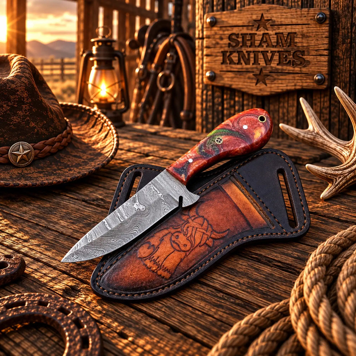 The Doc Holliday Damascus Ranch Working Knife – Resin Handle & Sheath