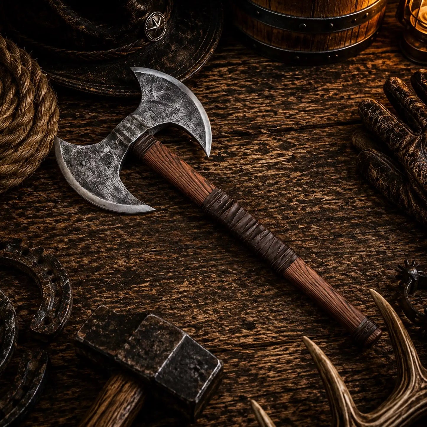 Double-Headed Viking Battle Axe – Forged Carbon Steel & Leather Grip