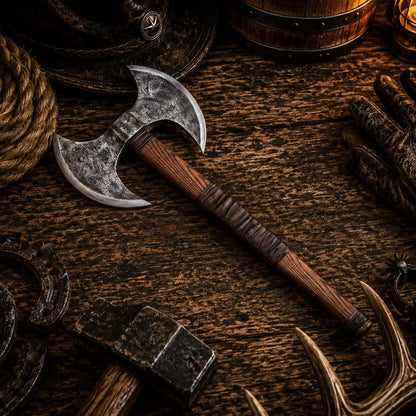 Double-Headed Viking Battle Axe – Forged Carbon Steel & Leather Grip