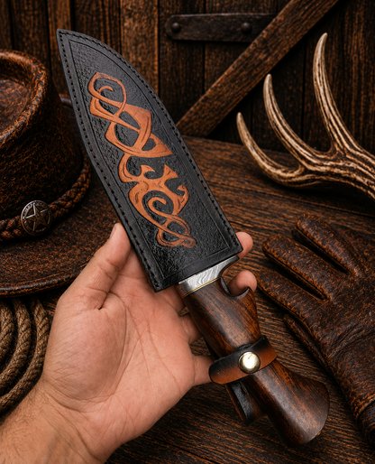 Celtic Guardian Bowie Knife – Damascus Steel With Rosewood Handle & Leather Sheath