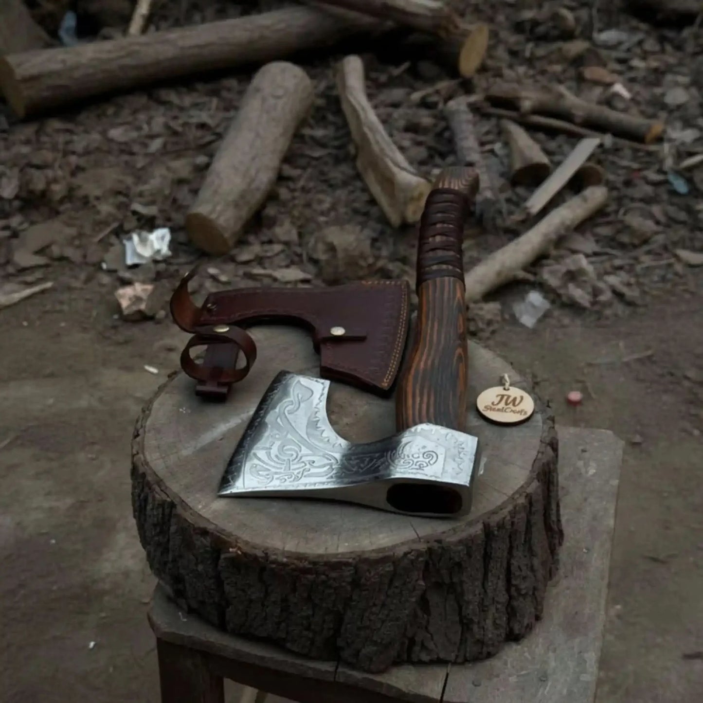 Hand Forged Carbon Steel Viking Axe with Carved Ash Wood Handle and Leather Grip