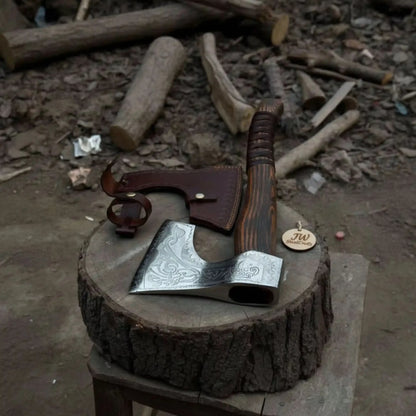 Hand Forged Carbon Steel Viking Axe with Carved Ash Wood Handle and Leather Grip