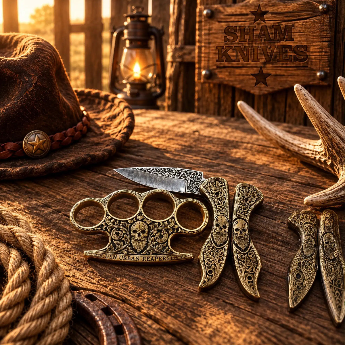 Engraved Brass Knuckle Set – Ornate Skull Design with Pocket Knife