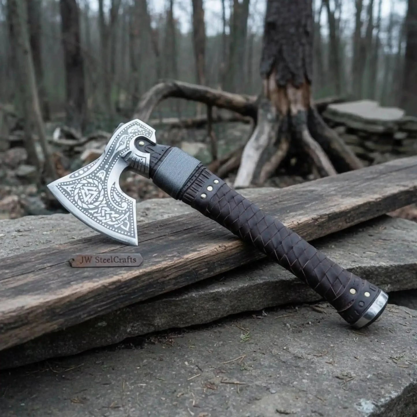 Viking Style Engraved Axe | Handcrafted Leather Wrapped Handle
