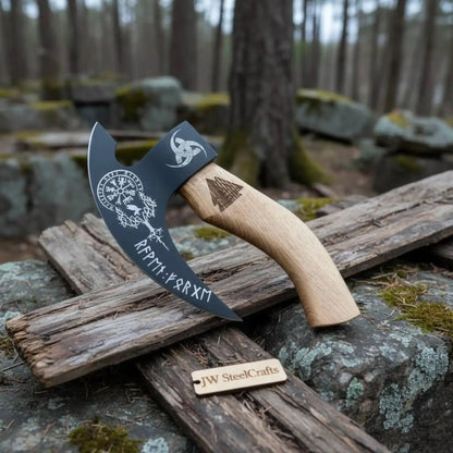 Viking Rune Engraved Bearded Axe Pizza Cutter — Carbon Steel Blade, Ash Wood Handle