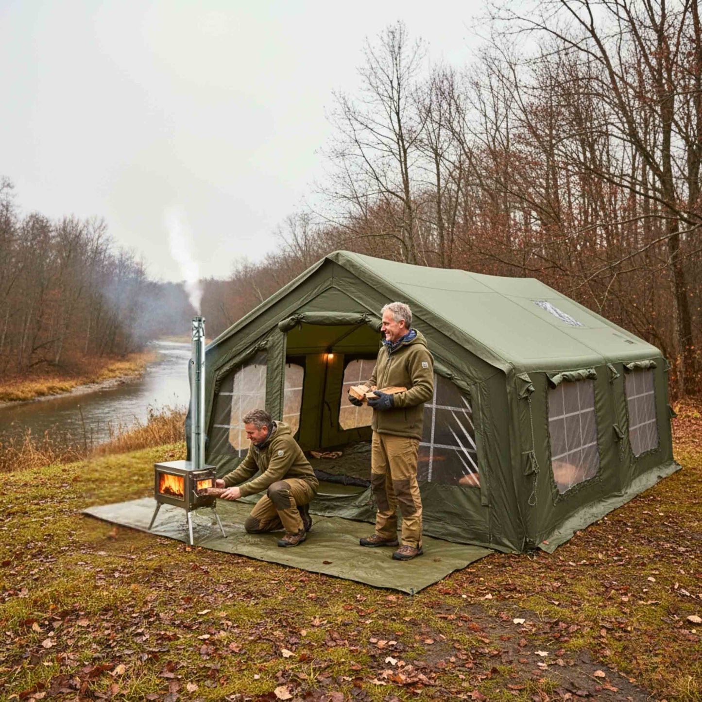 Coody 17.2 | RBM Outdoors (Koala 7) Forest Green + Stove Caminus M - Inflatable Tents with Stove