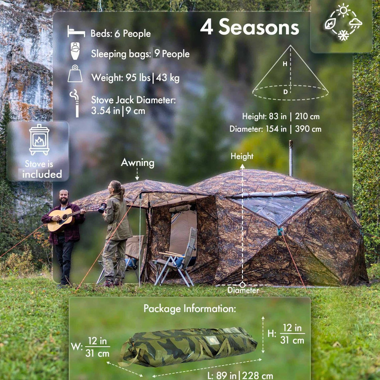 RBM All-Seasons tent  Hexagon for 2-9 person + Wood Stove Caminus M + Three-Layer Floor